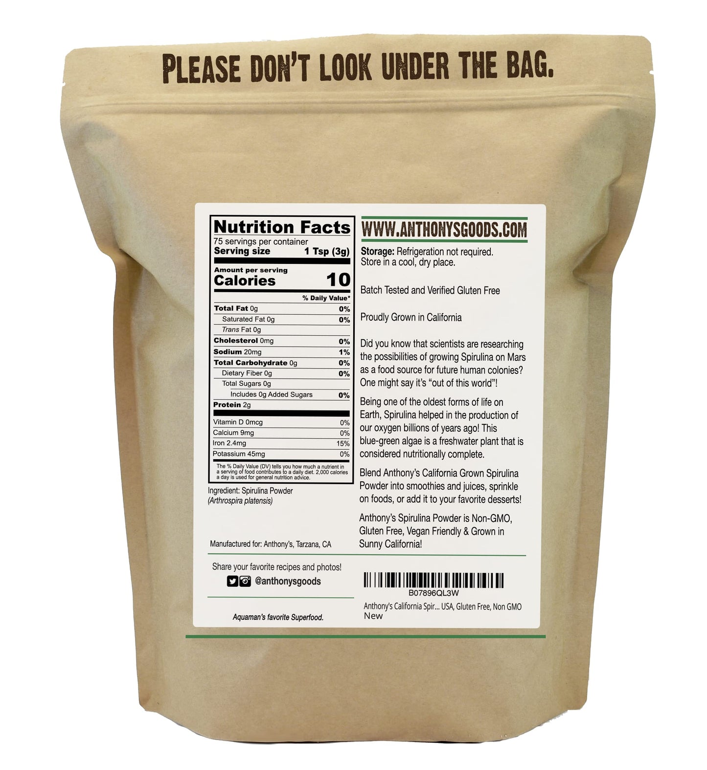 Anthony's California Spirulina Powder 8 oz – Gluten Free, Non-GMO, Product of USA