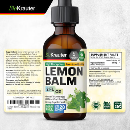 BIO KRAUTER® Lemon Balm Tincture 680 mg – Pure Vegan Melissa Officinalis Extract, 2 Fl Oz, 28 Days of Supply, Calming Sleep Support