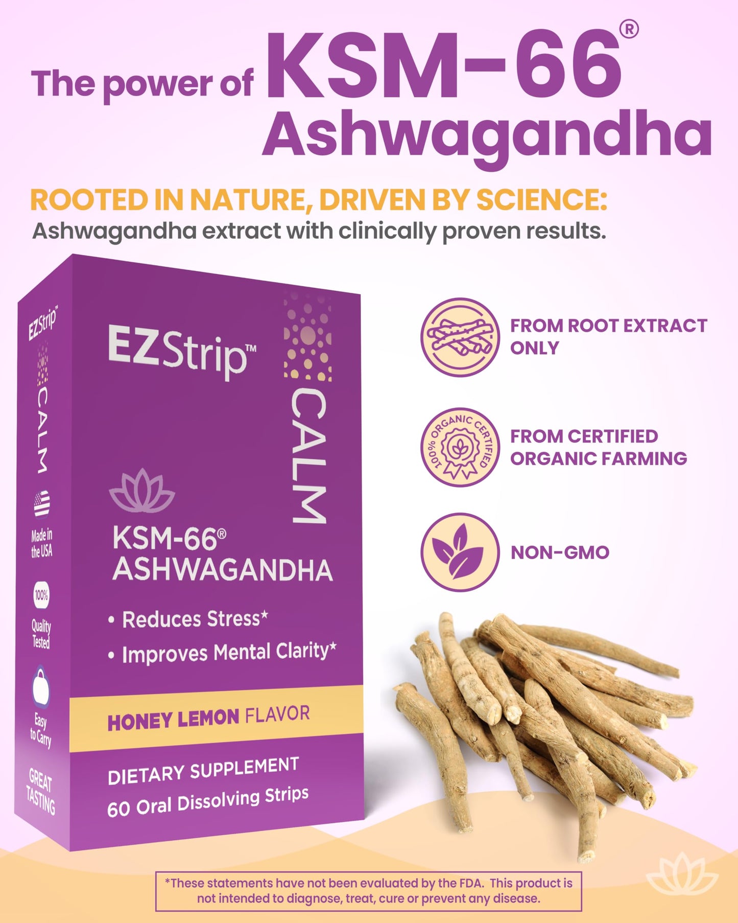 Calm KSM-66 Ashwagandha Strips | Stress & Focus | Honey Lemon | 60 Pack