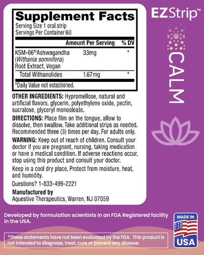 Calm KSM-66 Ashwagandha Strips | Stress & Focus | Honey Lemon | 60 Pack
