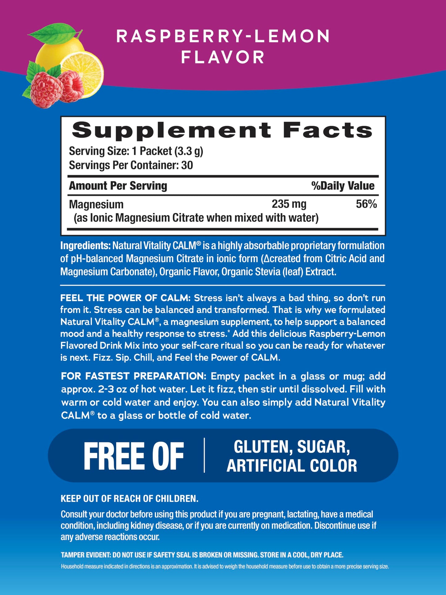 Natural Vitality CALM Magnesium Citrate Drink Mix – Raspberry Lemon, 30 Packets