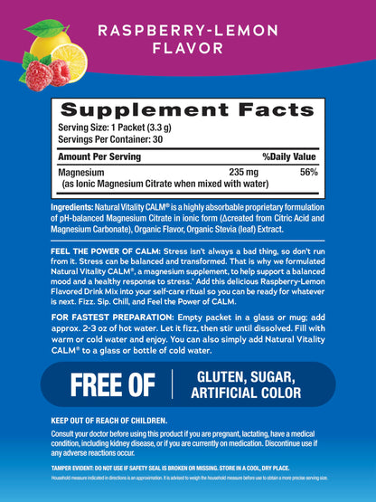 Natural Vitality CALM Magnesium Citrate Drink Mix – Raspberry Lemon, 30 Packets