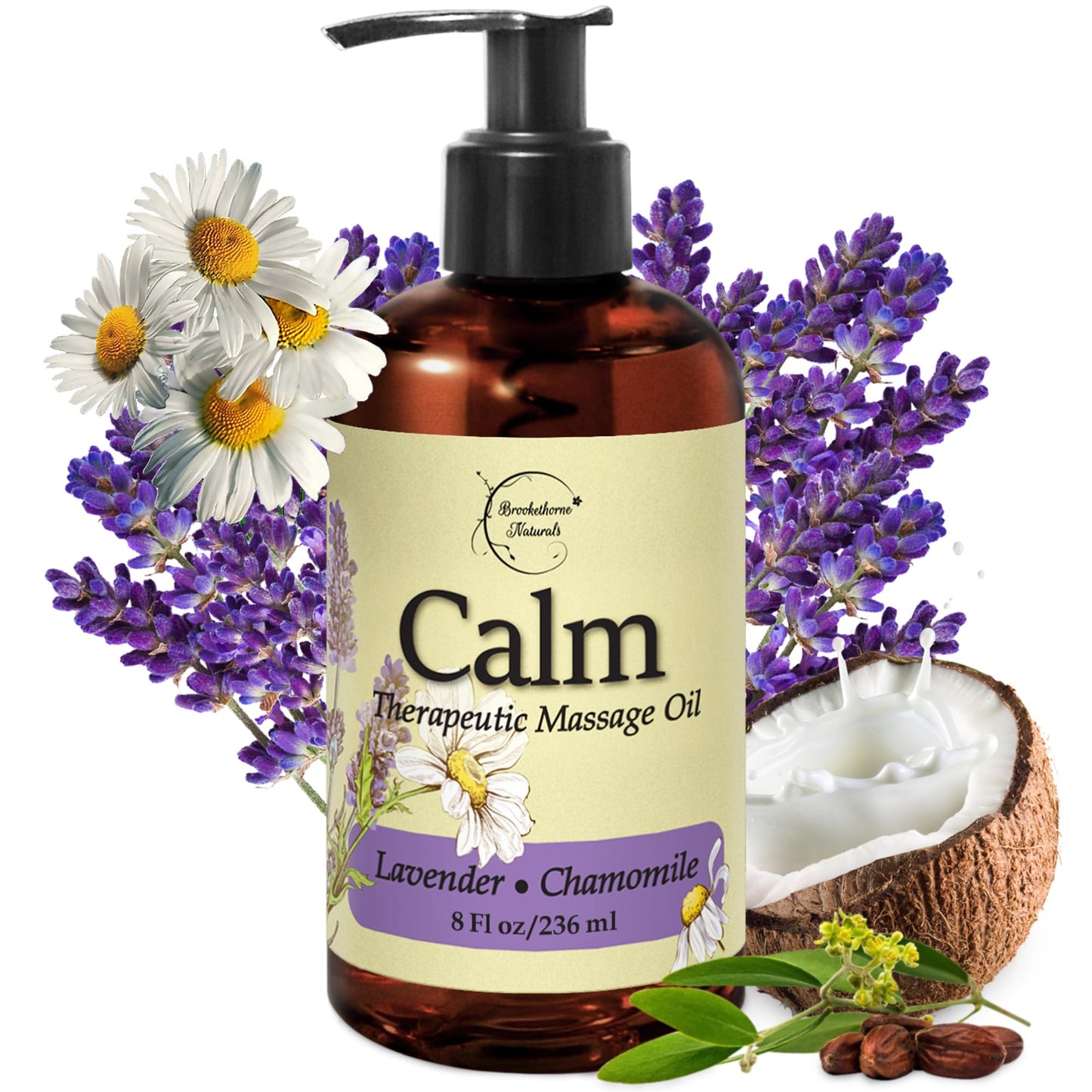 Calm Massage Oil with Lavender & Roman Chamomile – All-Natural, Nut-Free, 8oz | Brookethorne Naturals