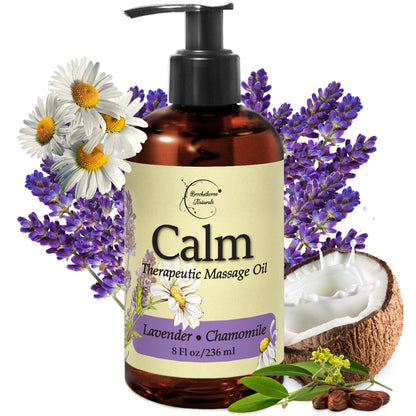 Calm Massage Oil with Lavender & Roman Chamomile – All-Natural, Nut-Free, 8oz | Brookethorne Naturals