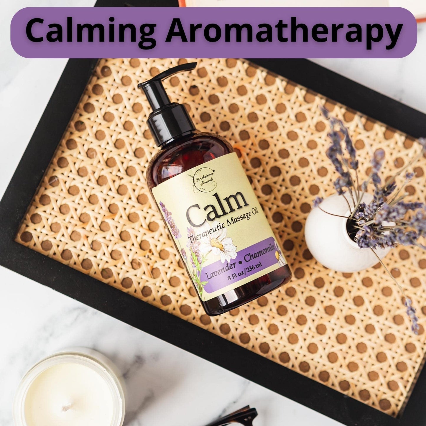 Calm Massage Oil with Lavender & Roman Chamomile – All-Natural, Nut-Free, 8oz | Brookethorne Naturals