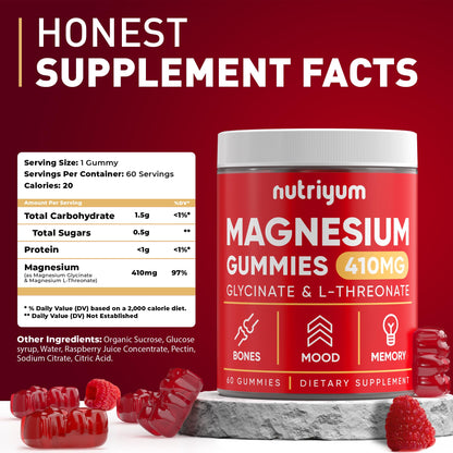 Magnesium Glycinate Gummies for Adults & Kids – 410mg Mg (L-Threonate) – 60 Pcs