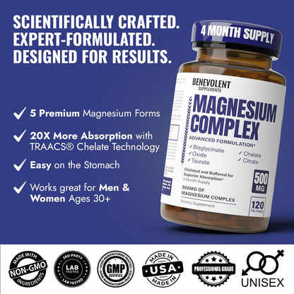 Magnesium Complex Supplement – 4 Month Supply (120 Capsules, 500mg) 5-in-1 Max Absorption for Calm, Sleep & Leg Cramps