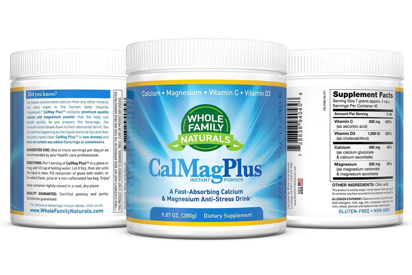 CalMag Plus Calcium Magnesium Powder with Vitamin C & D3 – Gluten Free, Non-GMO