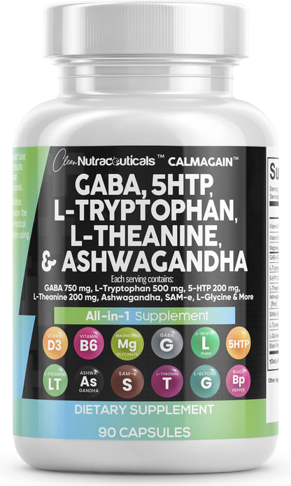Clean Nutraceuticals CalmAgain – GABA 750mg, 5-HTP 200mg, L-Theanine 200mg Mood Support