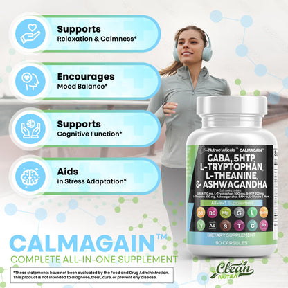 Clean Nutraceuticals CalmAgain – GABA 750mg, 5-HTP 200mg, L-Theanine 200mg Mood Support