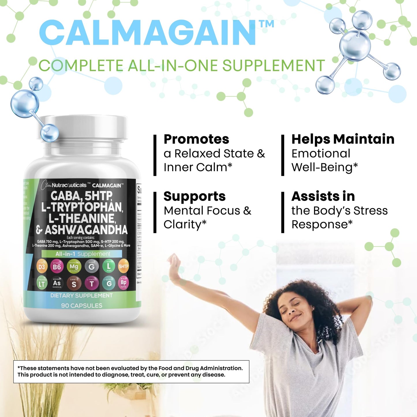 Clean Nutraceuticals CalmAgain – GABA 750mg, 5-HTP 200mg, L-Theanine 200mg Mood Support