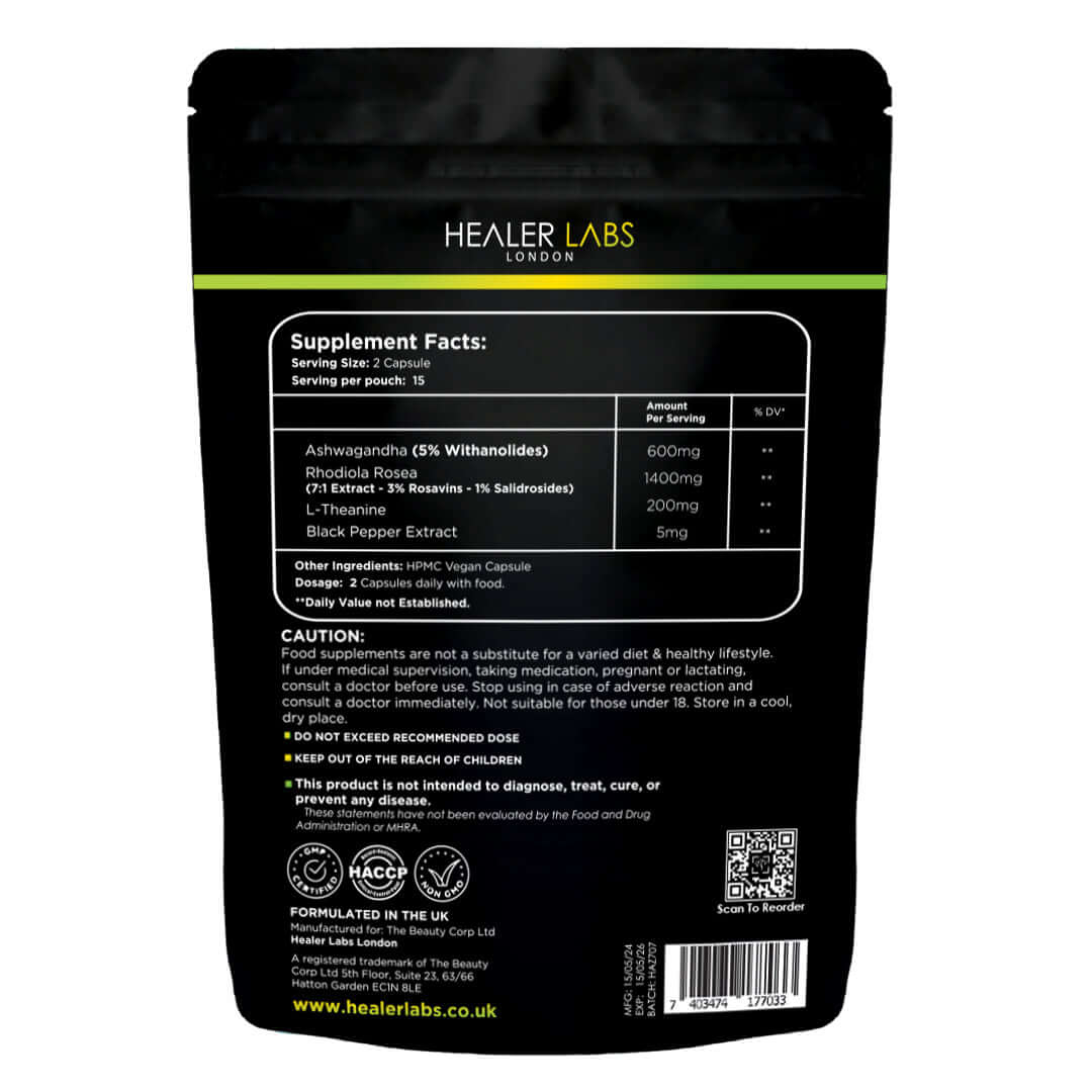 Ashwagandha + Rhodiola Rosea +  L-Theanine Healer Labs London