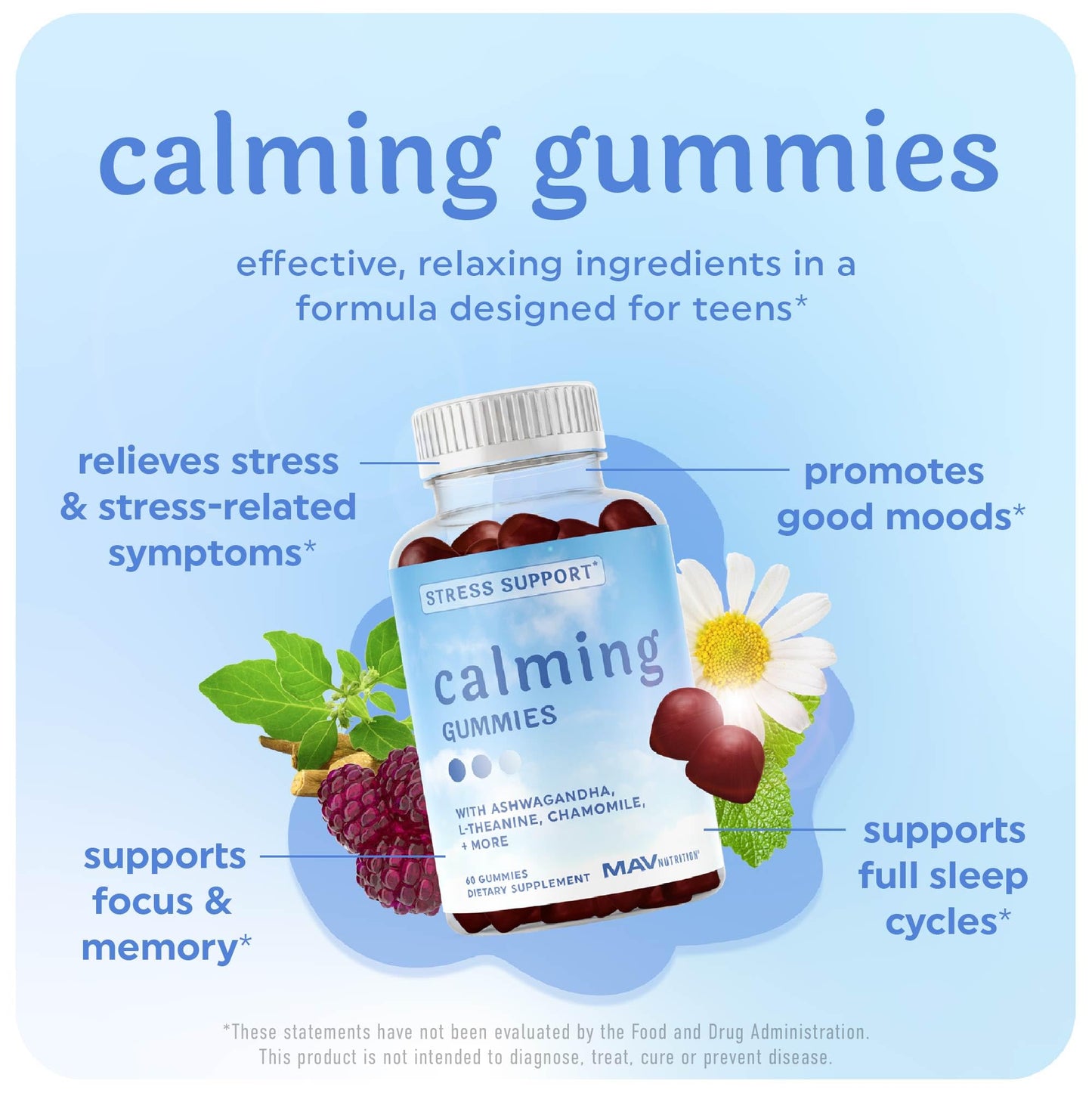 Calming Ashwagandha Gummies for Teens – 60 Count | Stress Relief with Theanine & GABA