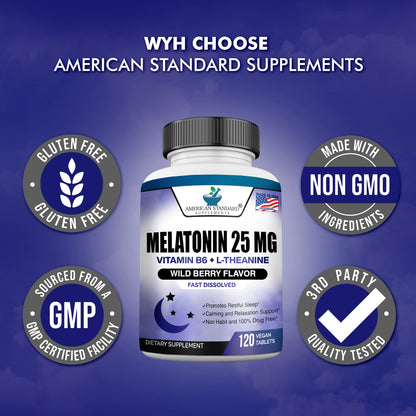 Melatonin 25mg Chewable Tablets with L-Theanine & Vitamin B-6 – 120 per Pack (Pack of 2) – Vegan, Non-GMO, Made in USA