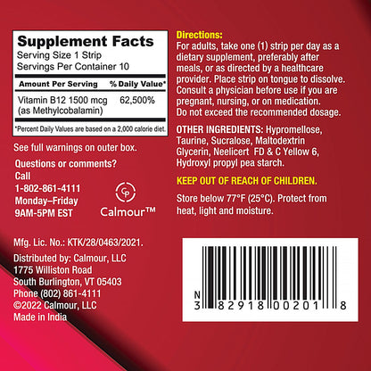 CALMOUR Vitamin B12 Strips 10 Pack – 1500 mcg, Mint, Vegan & Gluten Free