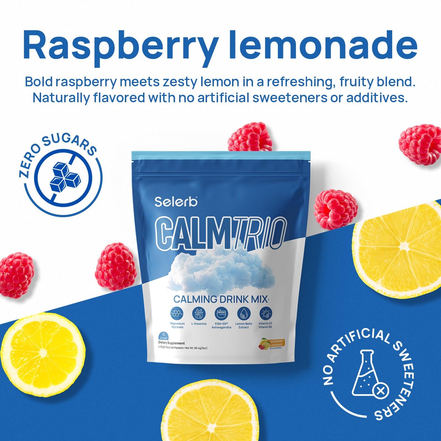 CalmTrio Magnesium Glycinate Powder – No Sugar, Cortisol Balance, Raspberry Lemon 20 Ct