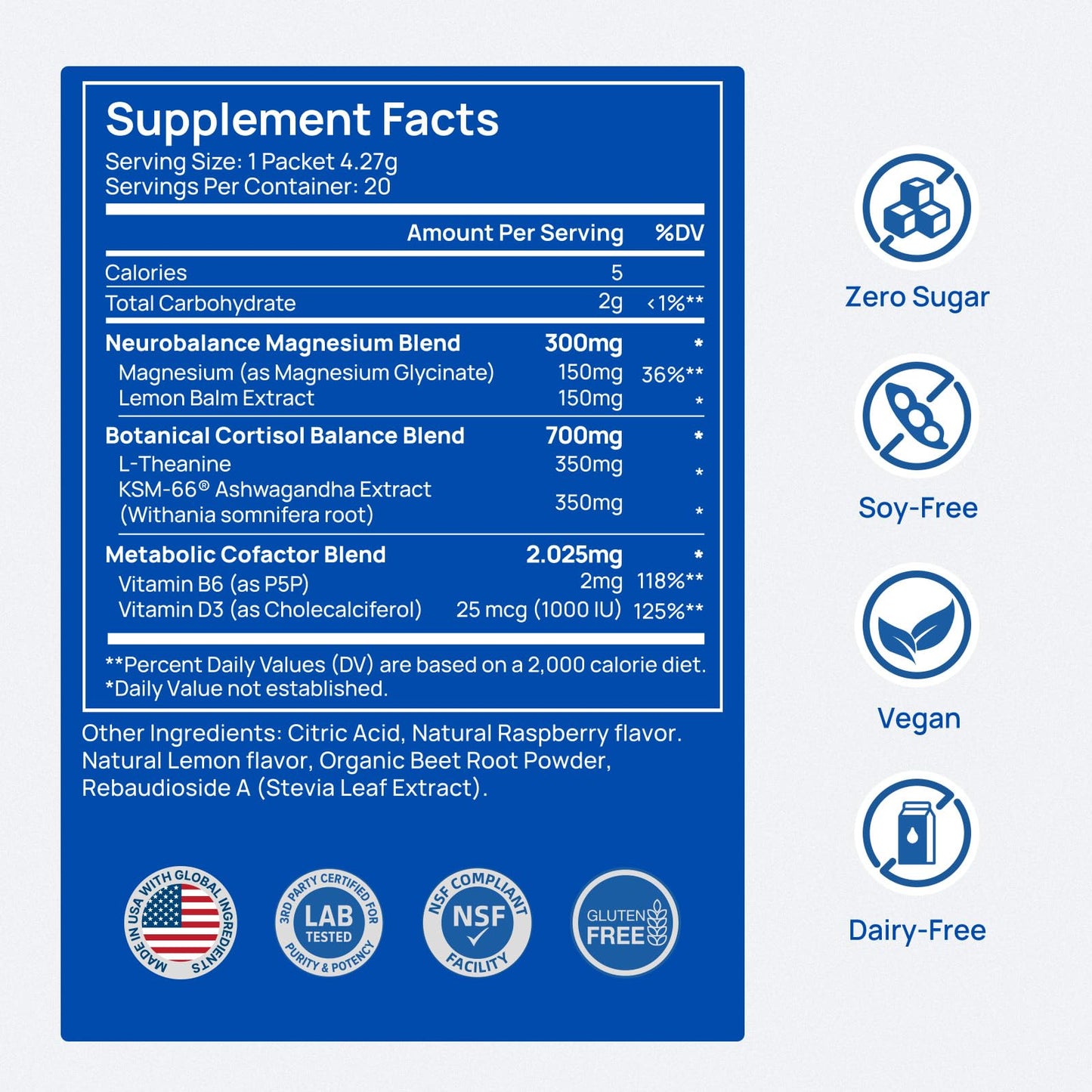 CalmTrio Magnesium Glycinate Powder – No Sugar, Cortisol Balance, Raspberry Lemon 20 Ct