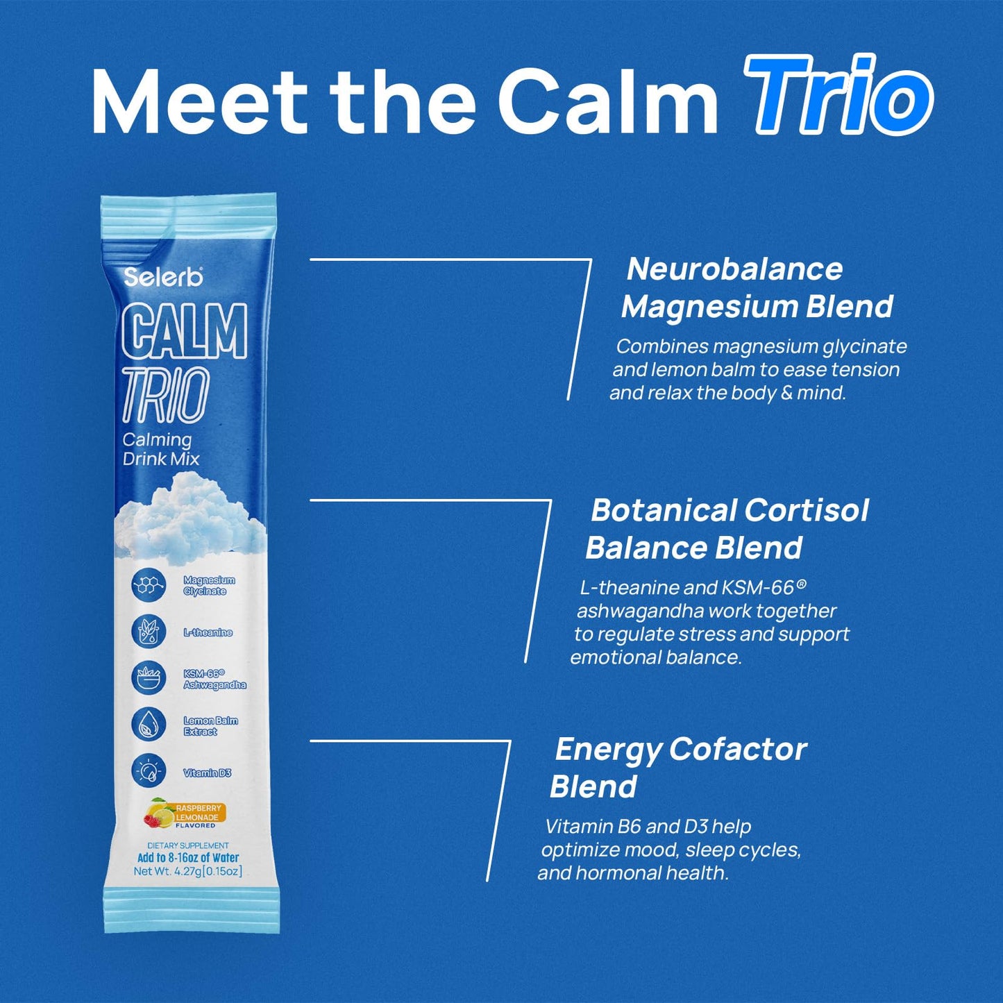 CalmTrio Magnesium Glycinate Powder – No Sugar, Cortisol Balance, Raspberry Lemon 20 Ct