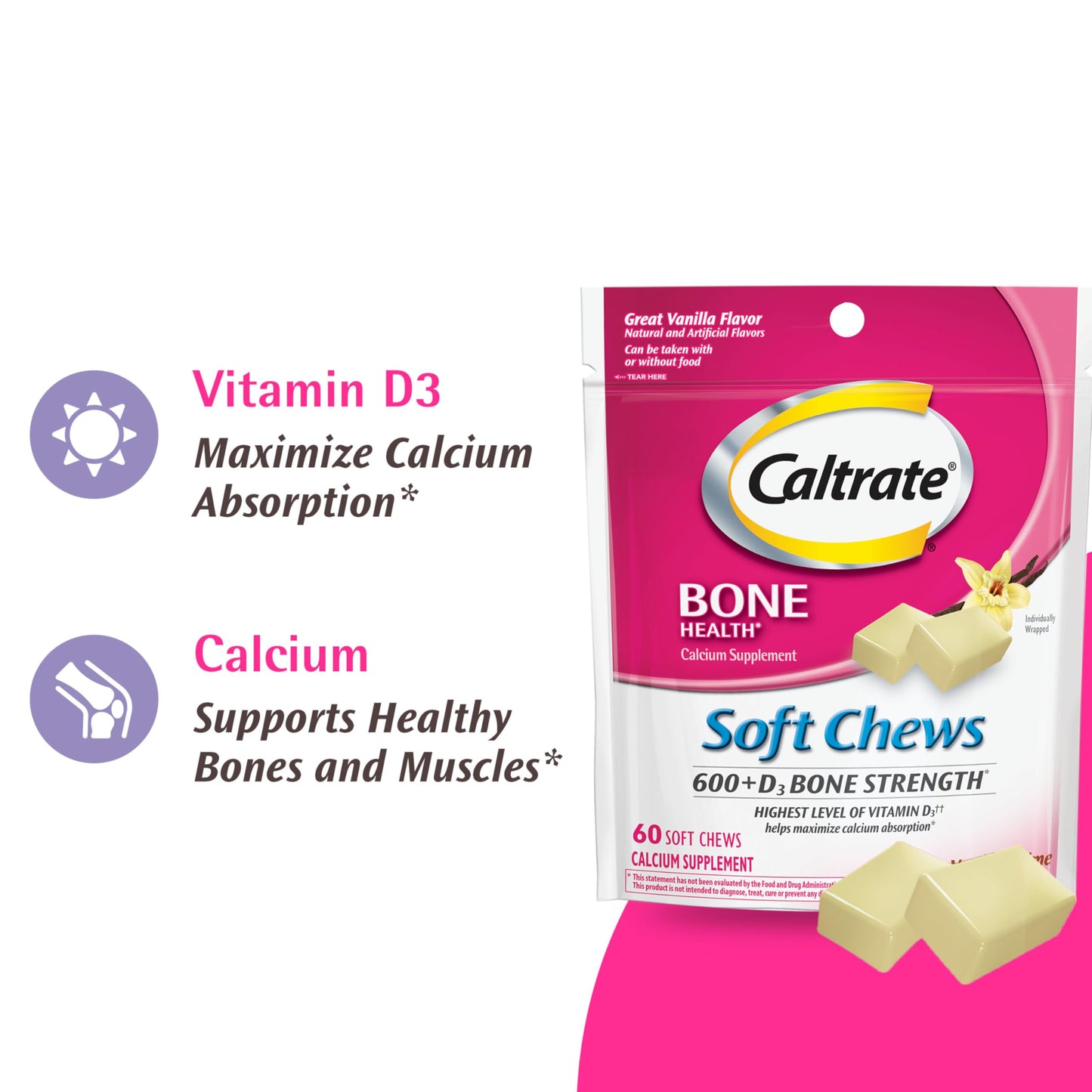 Caltrate 600 Plus D3 Soft Chews – Vanilla Creme Calcium Vitamin D Supplement