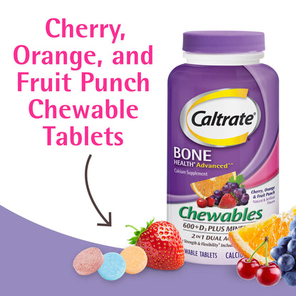 Caltrate Chewables 600 Plus D3 Plus Minerals Calcium Vitamin D Supplement – 60 Count (Cherry, Orange & Fruit Punch)