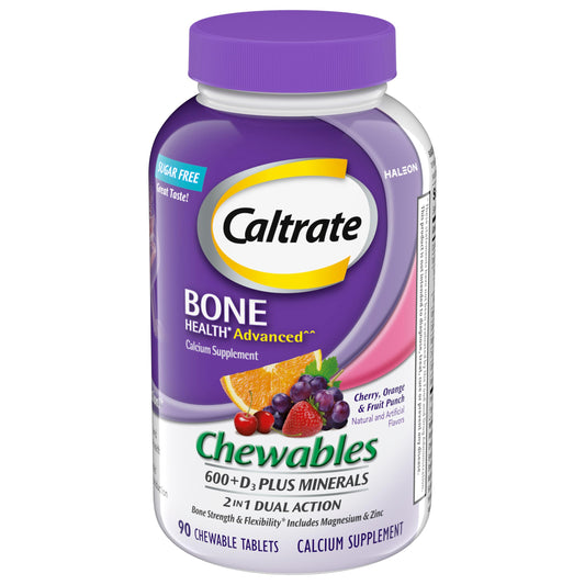 Caltrate Chewables 600+D3 Plus Minerals Calcium and Vitamin D Supplement - Sugar Free, Cherry, Orange & Fruit Punch, 90 Count BritishVita | Premium UK Vitamins & Wellness Supplements