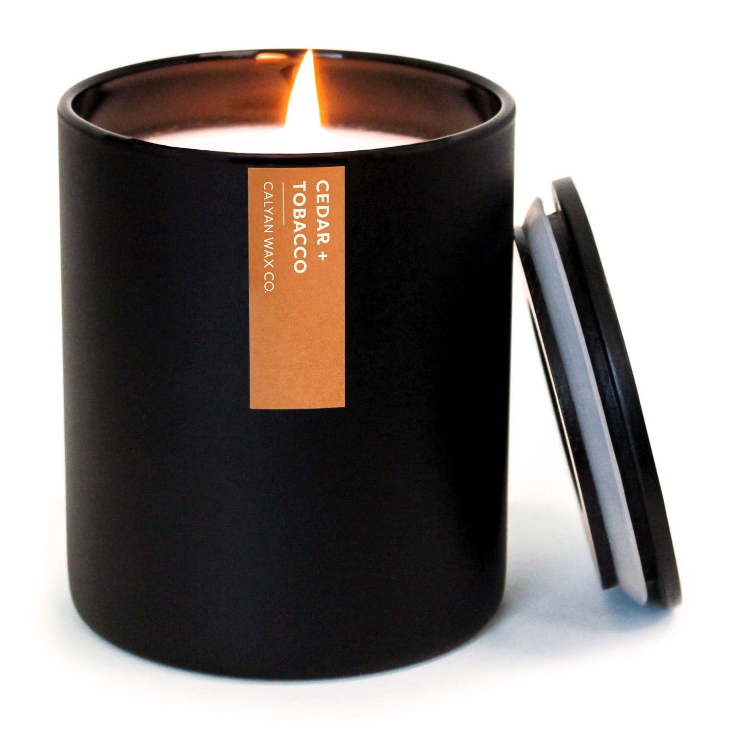 Calyan Wax Co. Cedar & Tobacco Candle – 75 Hour Burn – Non-Toxic Soy | Black Matte Tumbler Jar 10.2oz