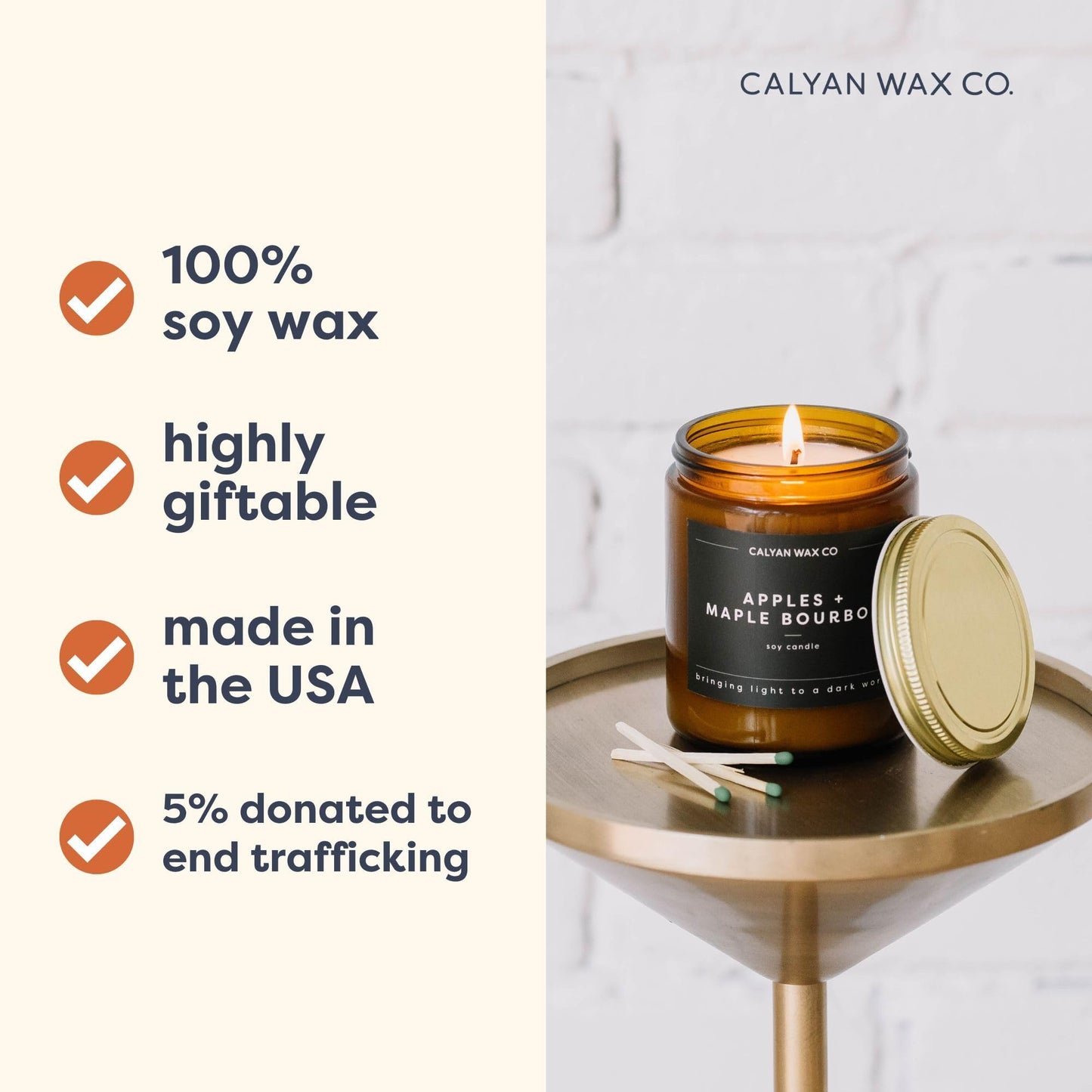 Calyan Wax Co. Apples & Maple Bourbon Soy Candle – 57 Hour Burn, Amber Jar, 7.2oz