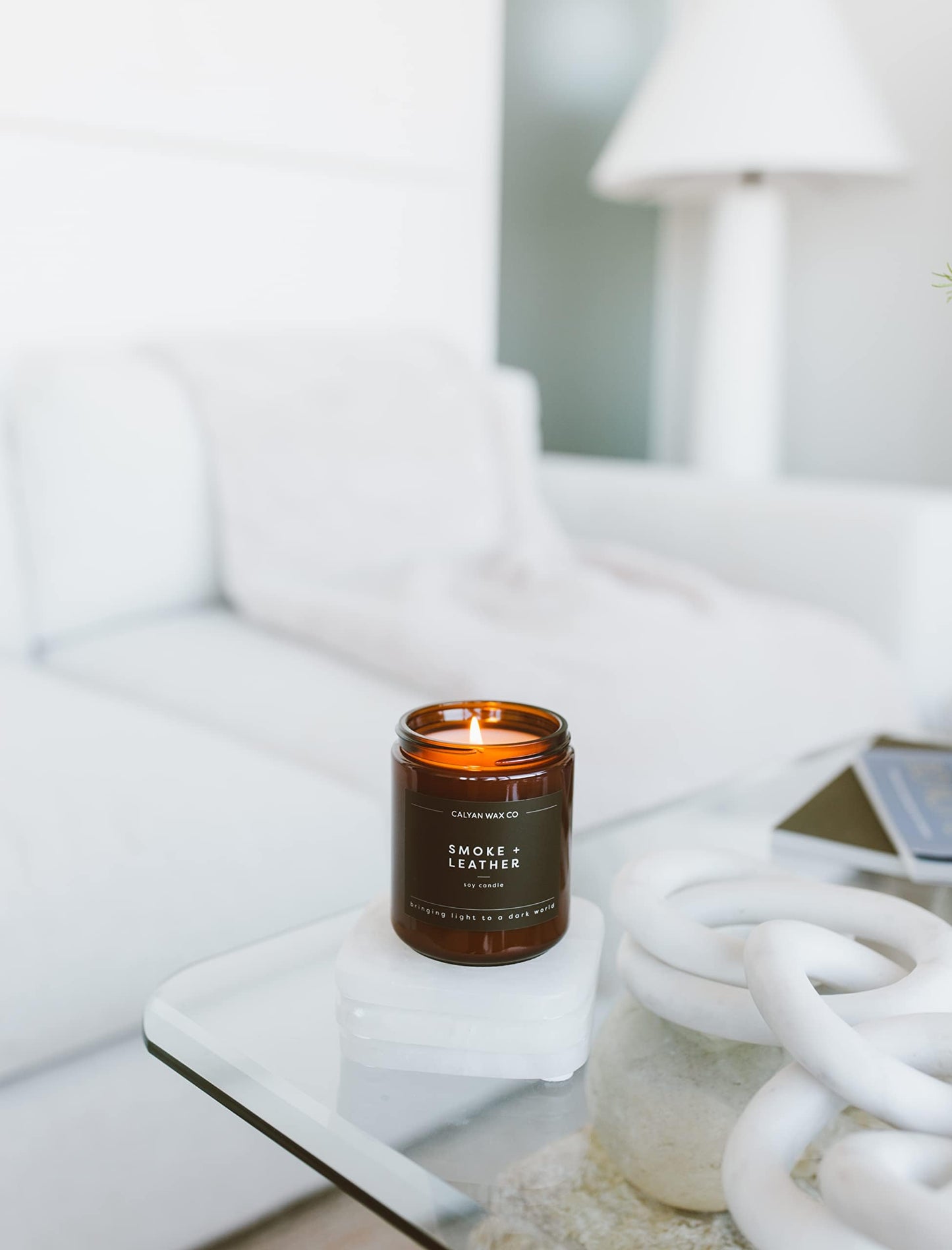 Calyan Wax Co. Smoke & Leather Candle — 57-Hour Soy, Amber Jar
