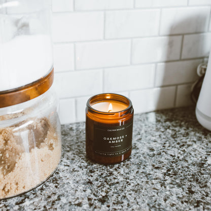 Calyan Wax Co. Smoke & Leather Candle — 57-Hour Soy, Amber Jar