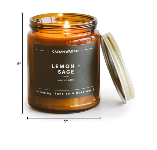 Calyan Wax Co. Lemon & Sage Candle – 57-Hour Burn, Non-Toxic Soy, Amber Glass Jar 7.2oz
