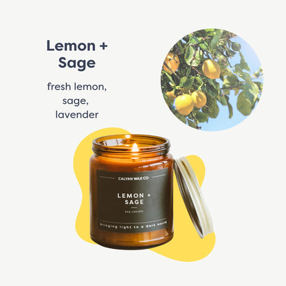 Calyan Wax Co. Lemon & Sage Candle – 57-Hour Burn, Non-Toxic Soy, Amber Glass Jar 7.2oz