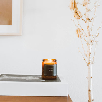 Calyan Wax Co. Lemon & Sage Candle – 57-Hour Burn, Non-Toxic Soy, Amber Glass Jar 7.2oz