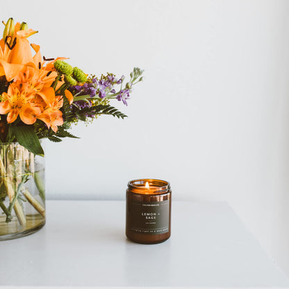 Calyan Wax Co. Lemon & Sage Candle – 57-Hour Burn, Non-Toxic Soy, Amber Glass Jar 7.2oz