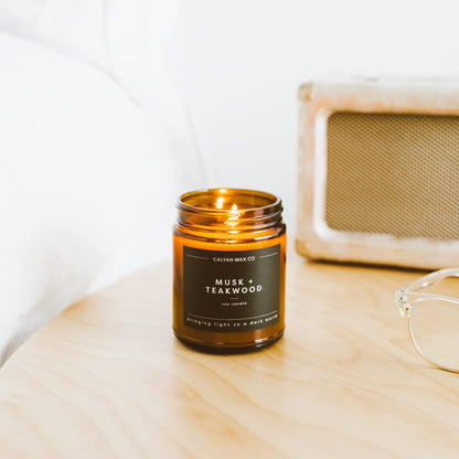 Calyan Wax Co. Musk & Teakwood Candle | 57-Hour Burn, Non-Toxic Soy, Amber Glass Jar 7.2oz