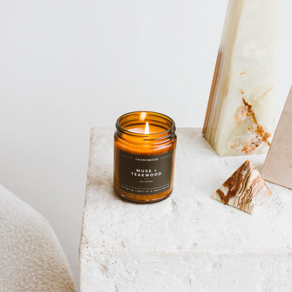 Calyan Wax Co. Musk & Teakwood Candle | 57-Hour Burn, Non-Toxic Soy, Amber Glass Jar 7.2oz