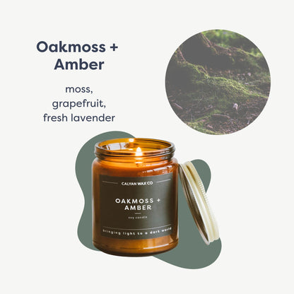 Calyan Wax Co. Oakmoss & Amber Candle – 57 Hour Burn, Non-Toxic Soy, Amber Glass Jar 7.2oz