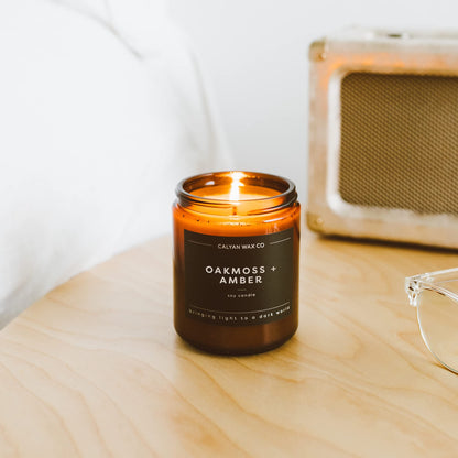 Calyan Wax Co. Oakmoss & Amber Candle – 57 Hour Burn, Non-Toxic Soy, Amber Glass Jar 7.2oz