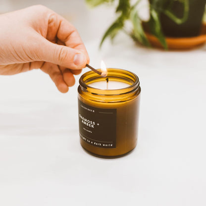 Calyan Wax Co. Oakmoss & Amber Candle – 57 Hour Burn, Non-Toxic Soy, Amber Glass Jar 7.2oz
