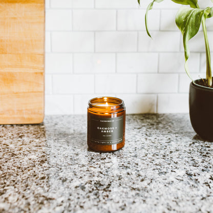 Calyan Wax Co. Oakmoss & Amber Candle – 57 Hour Burn, Non-Toxic Soy, Amber Glass Jar 7.2oz