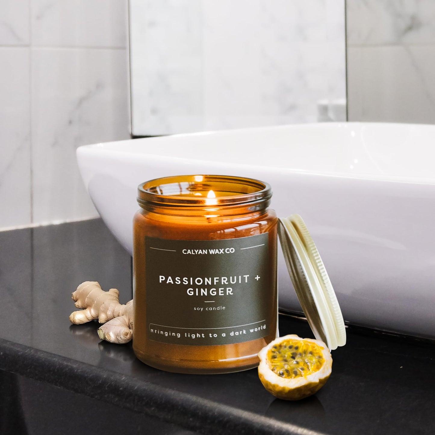 Calyan Wax Co. Passionfruit & Ginger Candle – 57-Hour Burn | 7.2oz Soy Wax, Amber Jar