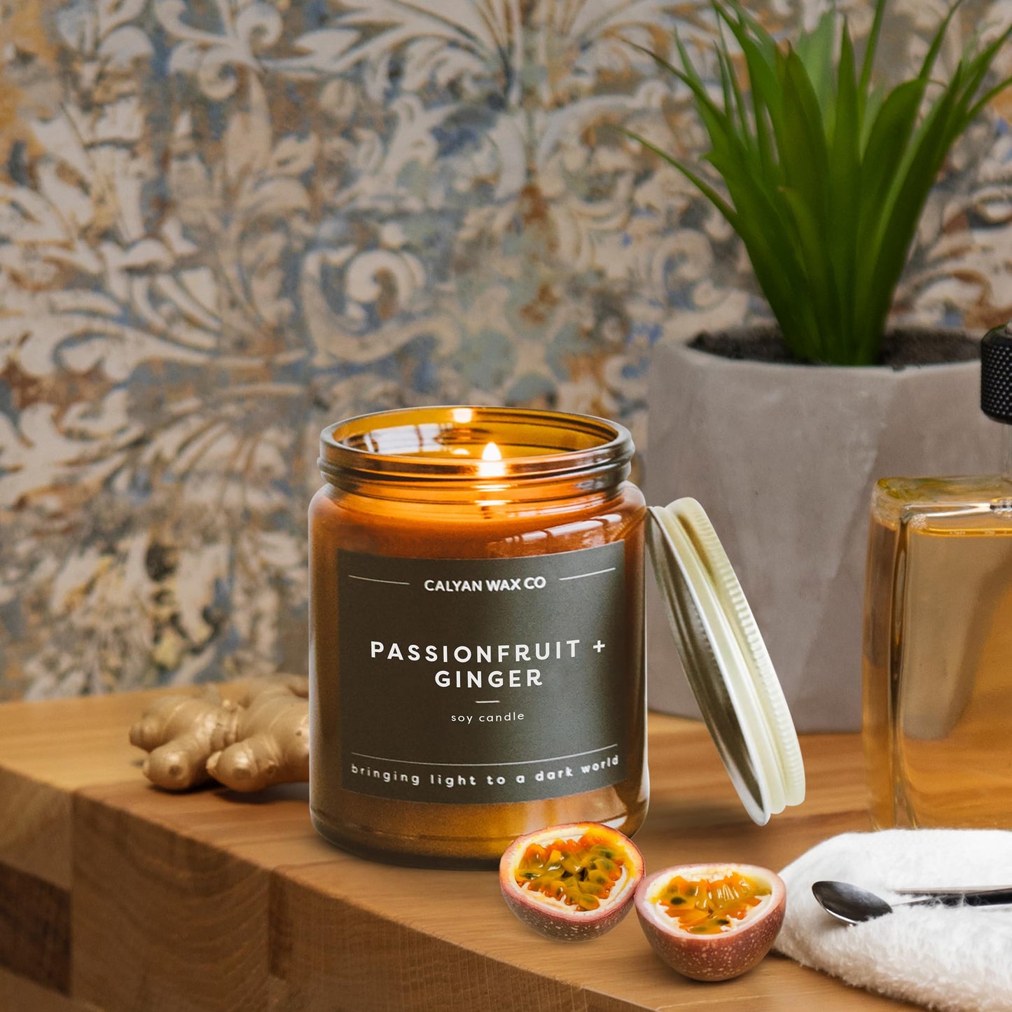 Calyan Wax Co. Passionfruit & Ginger Candle – 57-Hour Burn | 7.2oz Soy Wax, Amber Jar