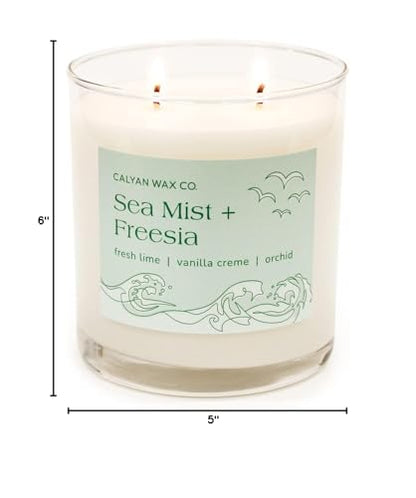 Calyan Wax Co. Sea Mist & Freesia – 2 Wick Soy Candle, 8.8oz | 37h Burn