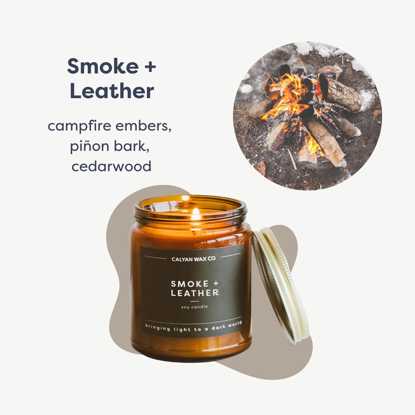 Calyan Wax Co. Smoke & Leather Candle — 57-Hour Soy, Amber Jar