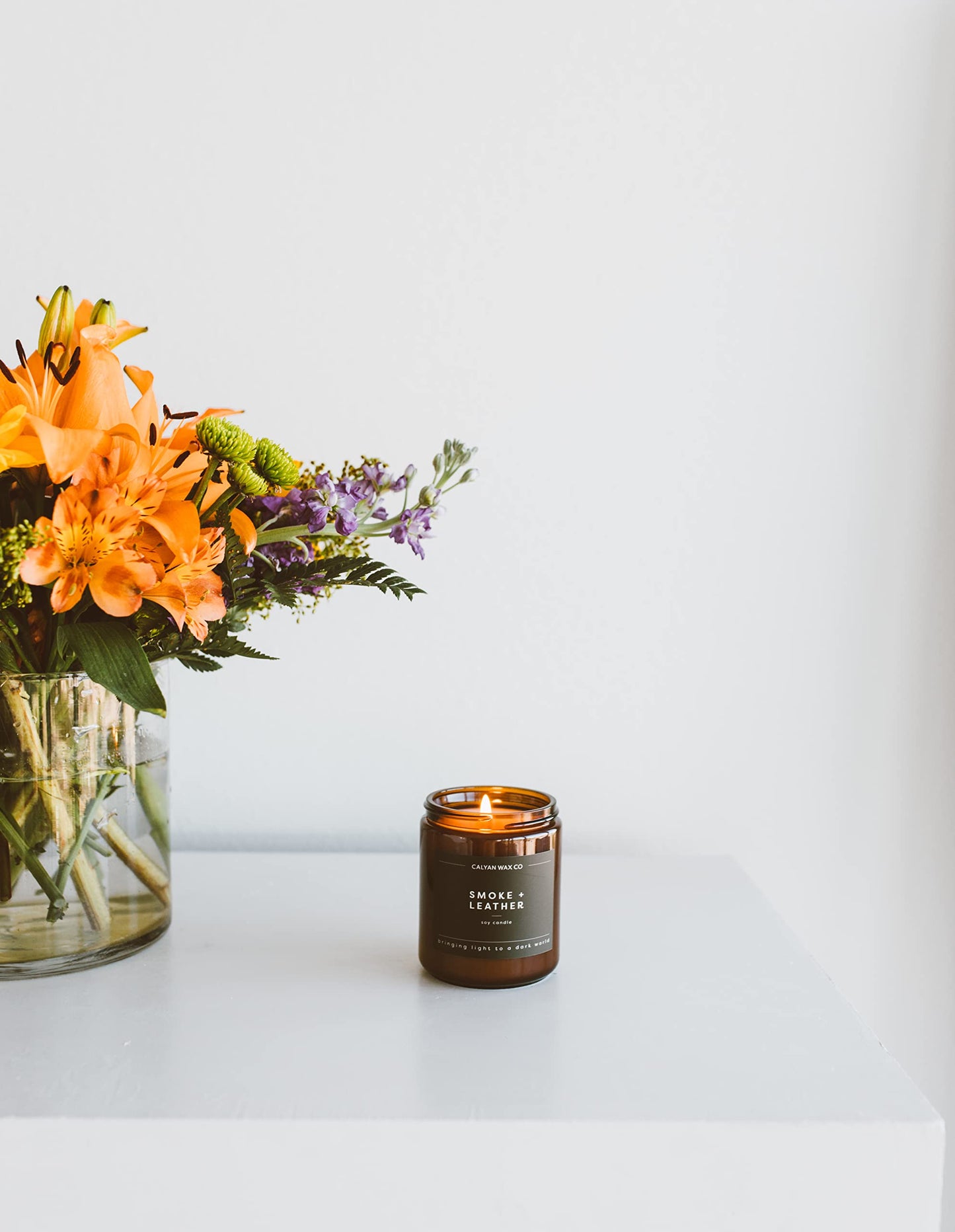 Calyan Wax Co. Smoke & Leather Candle — 57-Hour Soy, Amber Jar