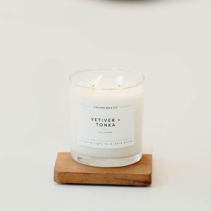 Calyan Wax Co. Vetiver & Tonka 2-Wick Scented Candle – 37 Hour Burn – Luxury Non-Toxic Soy Wax (8.8oz)