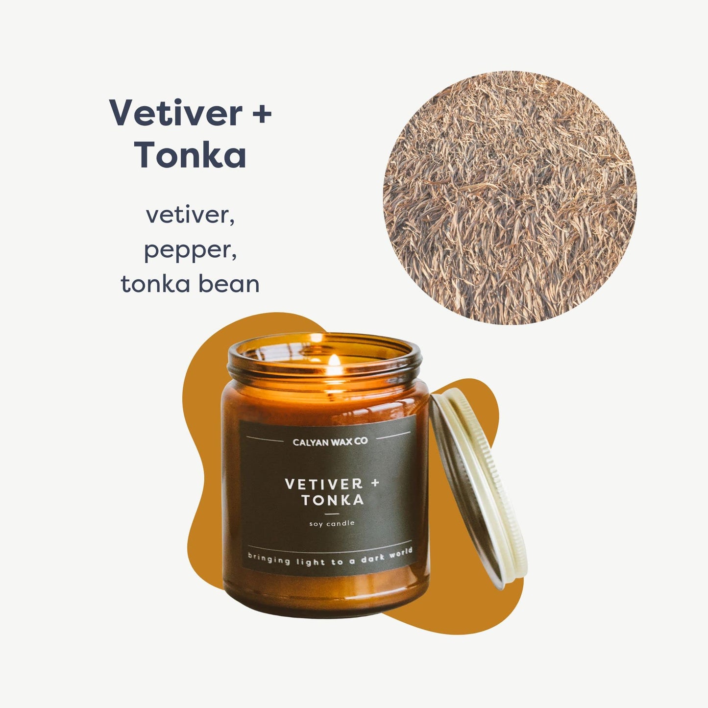 Calyan Wax Co. Vetiver & Tonka Candle - 57 Hour Burn, Non-Toxic Soy, Amber Glass Jar 7.2oz
