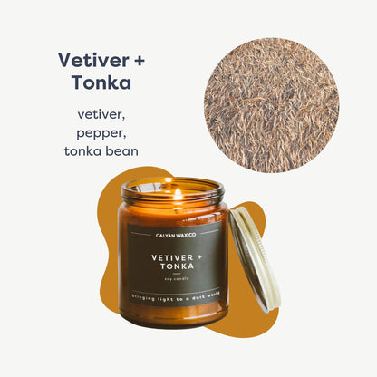 Calyan Wax Co. Vetiver & Tonka Candle - 57 Hour Burn, Non-Toxic Soy, Amber Glass Jar 7.2oz