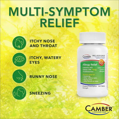 Camber Cetirizine HCI 10mg Tablets | 24-Hour Allergy Relief (100 Count) - CAMBER PHARMACEUTICALS