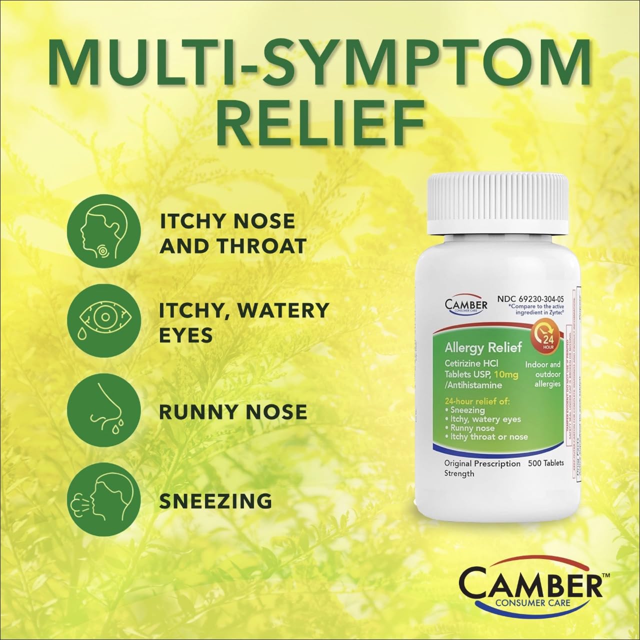 Camber Cetirizine HCI 10mg Tablets | 24-Hour Allergy Relief (100 Count) - CAMBER PHARMACEUTICALS