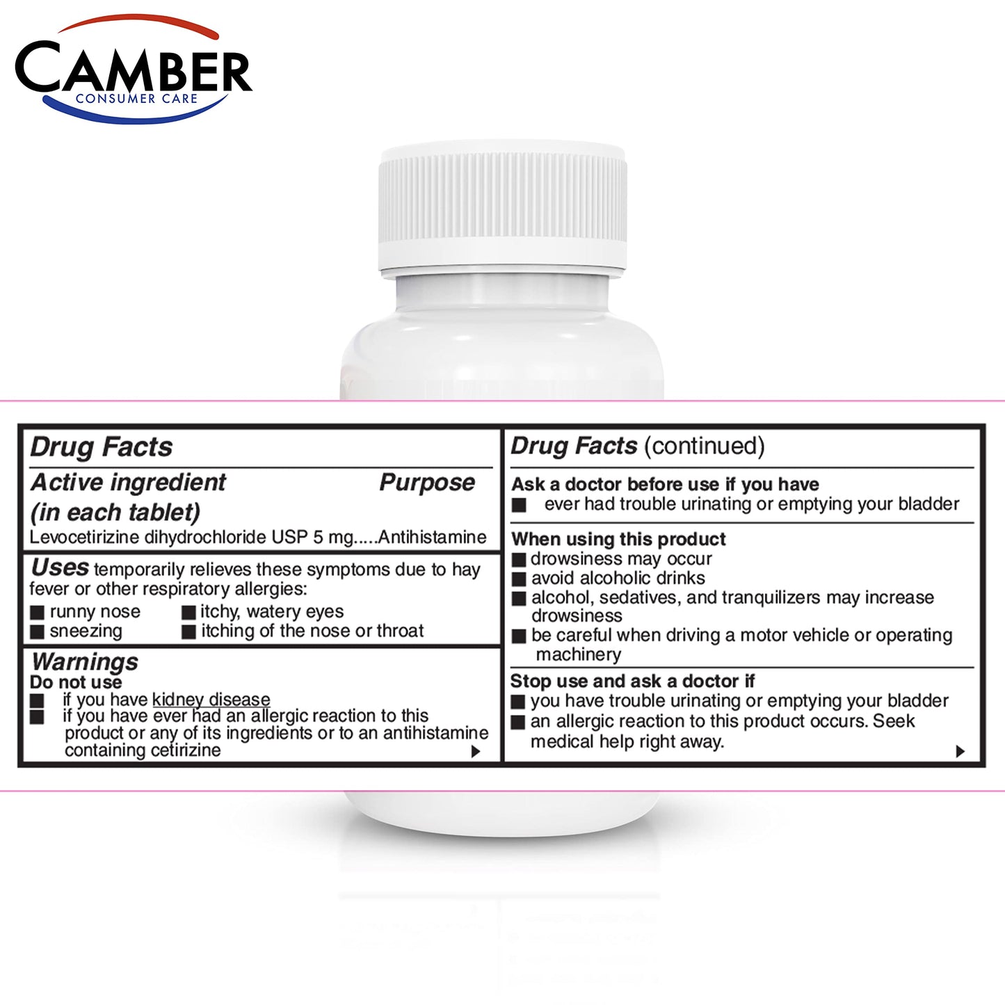 Camber Consumer Care Levocetirizine Dihydrochloride 5mg Tablets – All-Day Allergy Relief (180 Count)